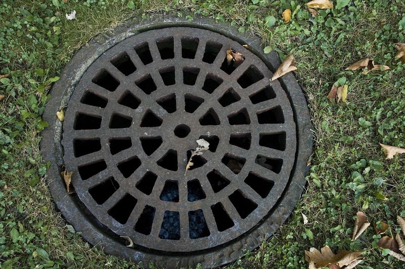 Round catch basin drain grate in a lawn